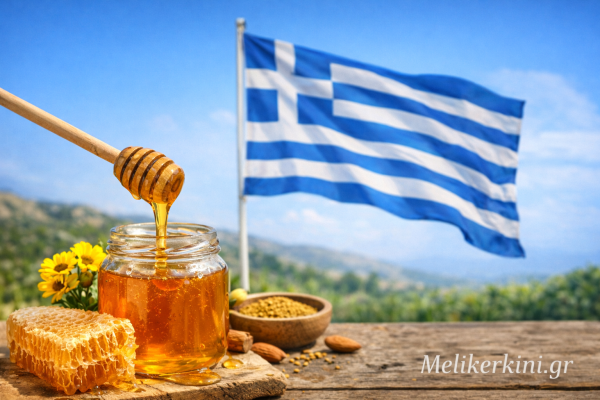 Γιατί το μέλι δεν χαλάει ποτέ; Η επιστήμη πίσω από το πιο ανθεκτικό τρόφιμο 3 Ελληνικό μέλι σε γυάλινο βάζο με κηρήθρα και την ελληνική σημαία στο φόντο – φυσικό προϊόν Ελλάδας